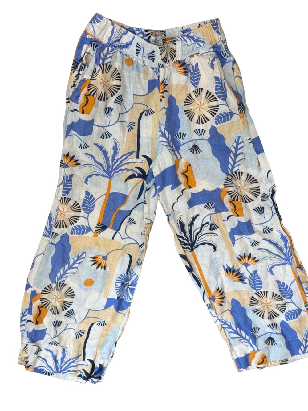 Nicole Miller Blue, Tan & White Tropical Print Cropped 100% Linen Pants